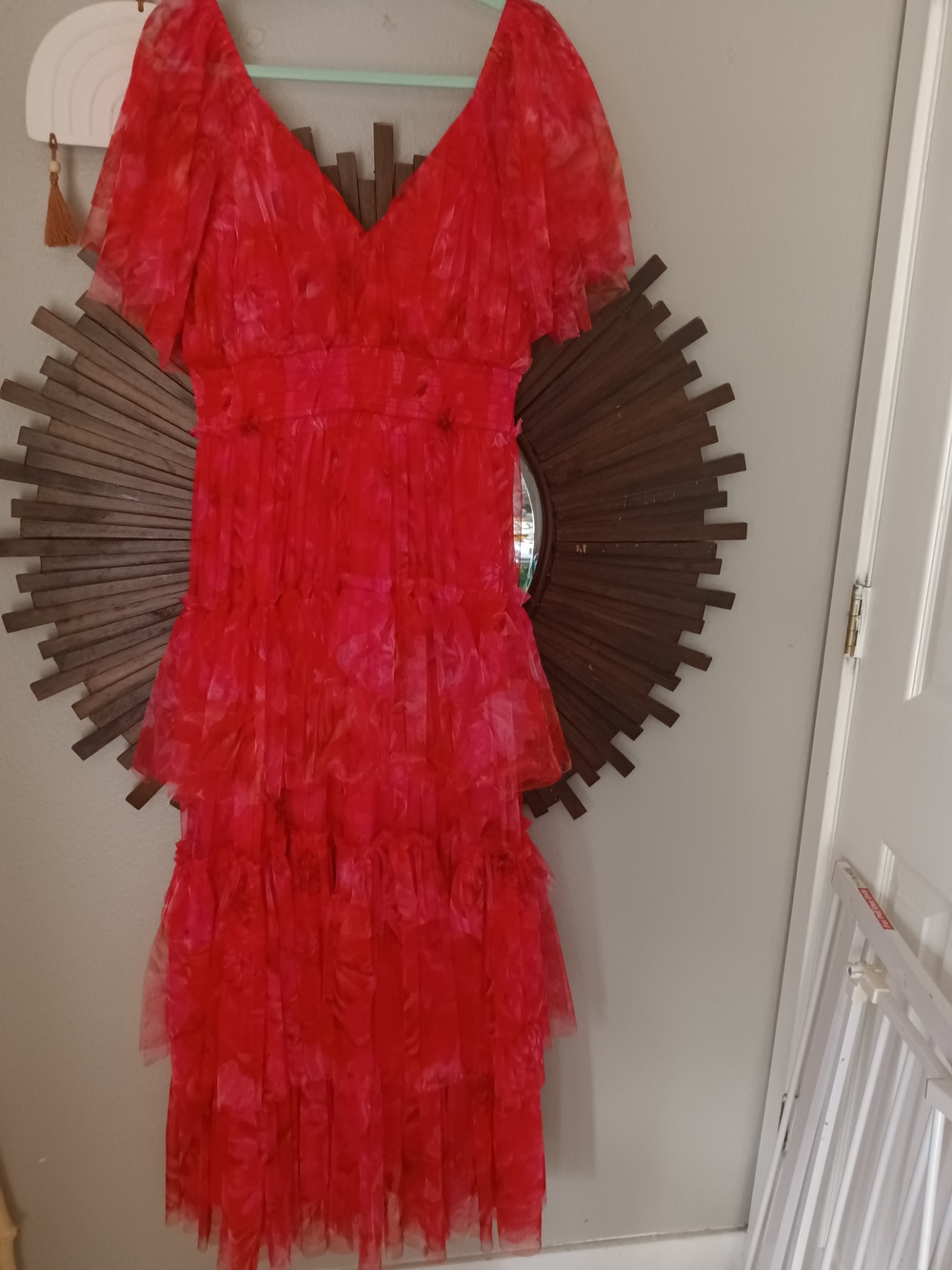 Showpo Red Ruffle Tiered V-Neck Dress
